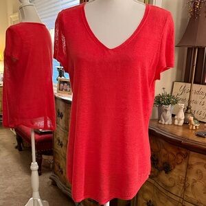 Eileen Fisher Bright Red/Orange V-Neck Short Sleeve Tee 100% Organic Linen